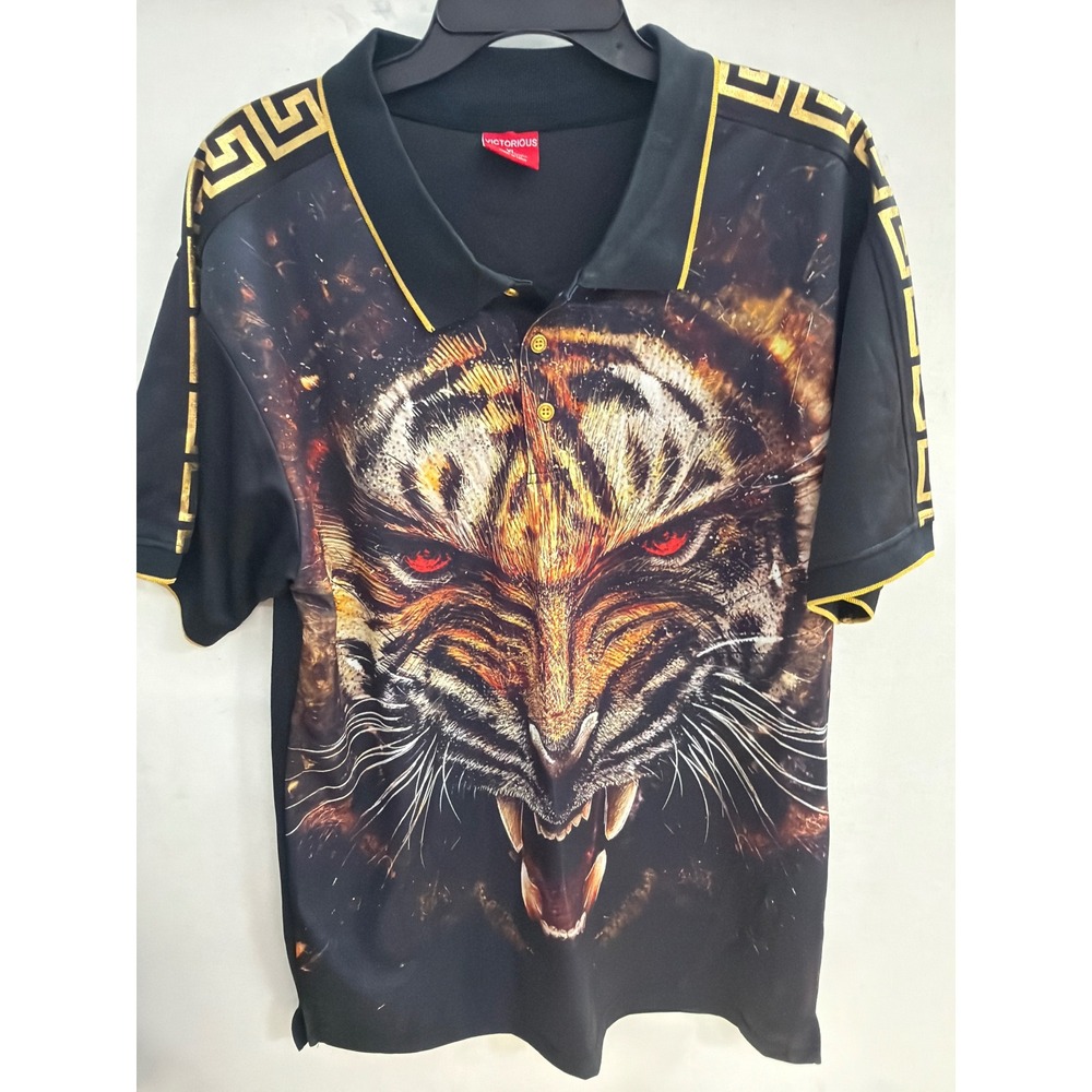 Victorious Mens Tiger Graphic Polo Shirt Black Gold Foil King Greek Key XL